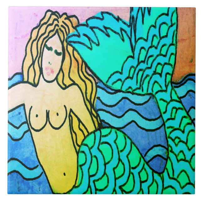 Deep Blue Sea Abstract Mermaid Painting Tile (Front)