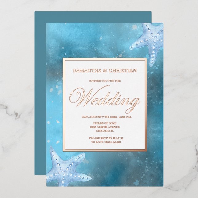 Deep Blue Sea Wedding Real Foil Invitation (Front/Back)