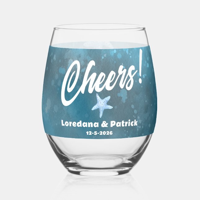 Deep Blue Sea Wedding  Stemless Wine Glass (Front)