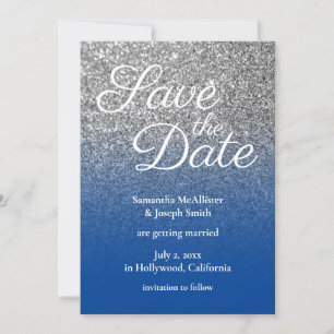 Deep Blue Silver Ombre Glitter Save the Date Invitation