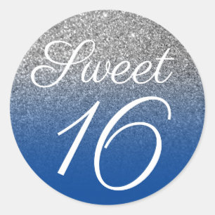 Deep Blue Silver Ombre Glitter Sweet Sixteen Classic Round Sticker