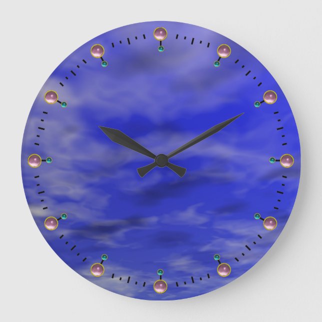 DEEP BLUE SKY AND CLOUDS WITH PINK GEMSTONES LARGE CLOCK (Front)