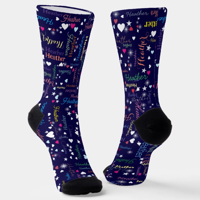 Deep Blue Sky Full of Names, Hearts and Stars Socks (Angled)