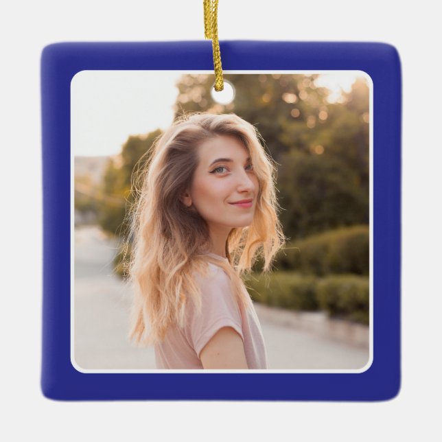 Deep Blue Square Photo Double Border Graduate Ceramic Ornament (Front)