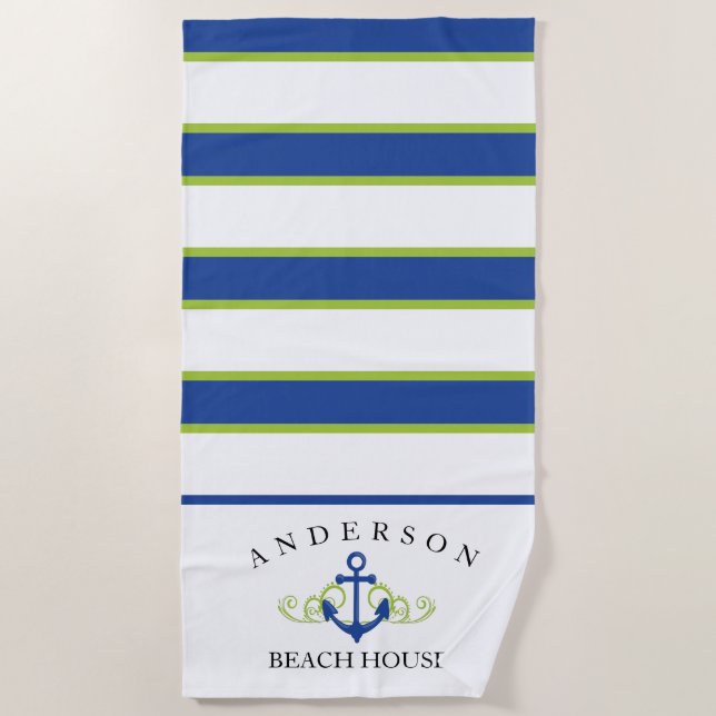 Deep Blue Stripe personalised Beach House Beach Towel (Front)