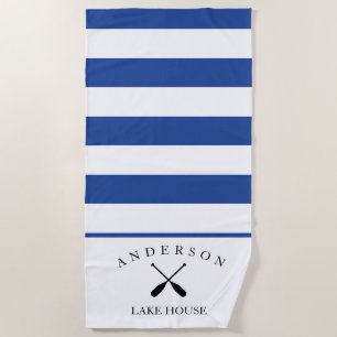 Deep Blue Stripe Personalised Lake House Beach Towel