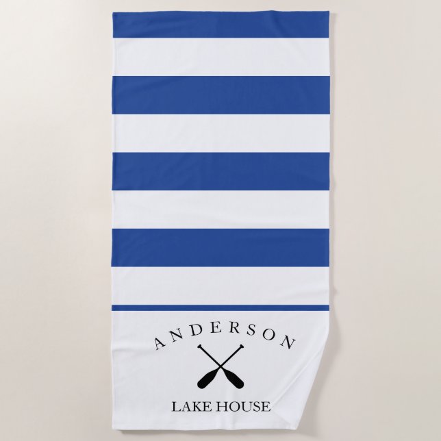 Deep Blue Stripe Personalised Lake House Beach Towel (Front)
