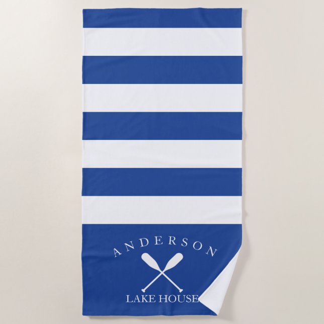 Deep Blue Stripe Personalised Lake House Beach Towel (Front)