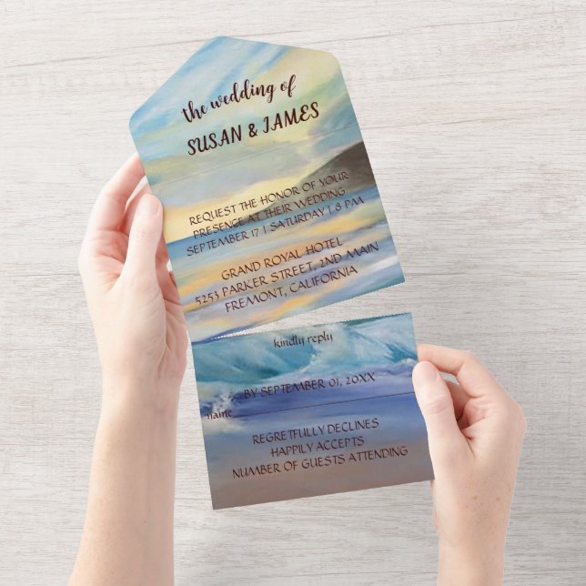 Deep blue Sunset beachAll in One Wedding Invite (Tearaway)