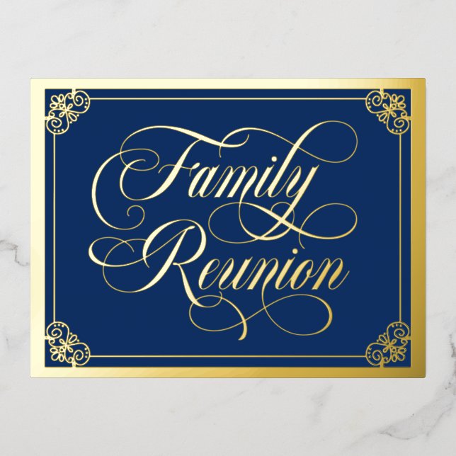 Deep Blue Swirly Ornate Family Reunion Gold Foil Invitation Postcard (Front)
