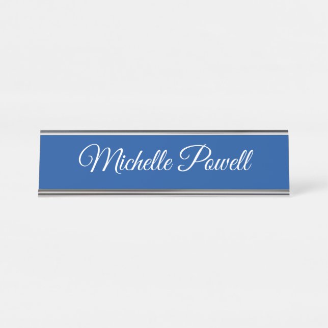 Deep Blue Trendy Script Modern Professional Desk Name Plate (Front)