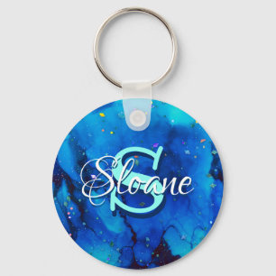 Deep Blue Underwater Alcohol Ink Painting Key Ring
