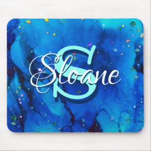 Deep Blue Underwater Alcohol Ink Painting Mouse Mat