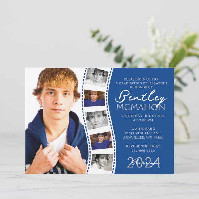 Deep Blue & White Filmstrip 6 Photo Graduation Invitation (Standing Front)