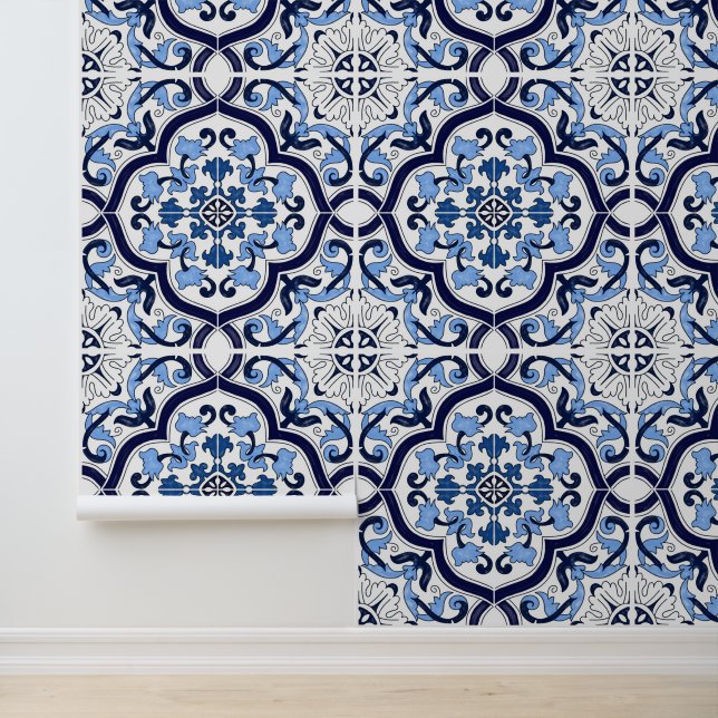 Deep Blue White Floral Sicilian Majolica Tile Wallpaper (Application)