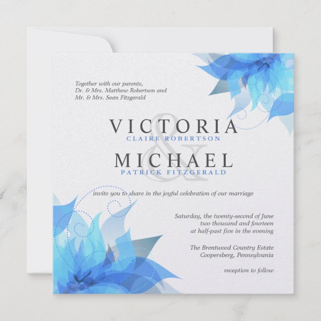 Deep Blue & White Floral Wedding Invitations (Front)