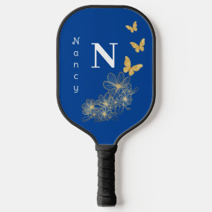 Deep Blue white gold flower butterfly minimalist Pickleball Paddle