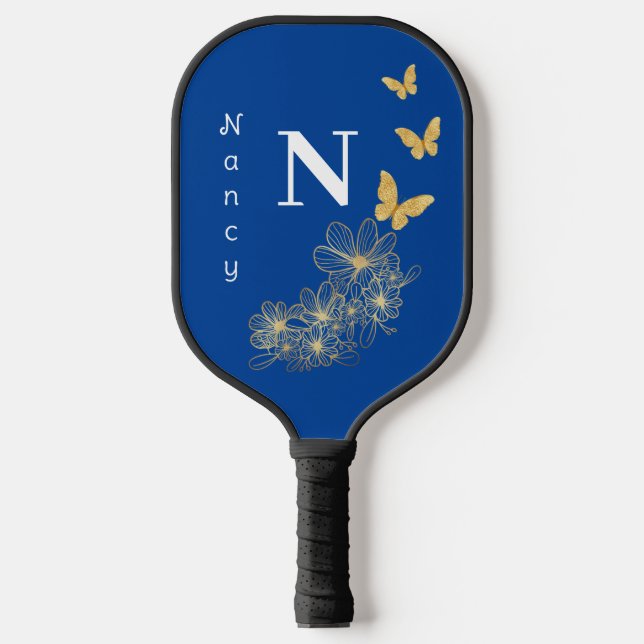Deep Blue white gold flower butterfly minimalist Pickleball Paddle (Front)