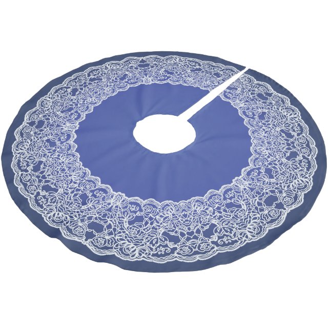 Deep Blue White Lace  Elegant Vintage Tree Skirt (Angled)