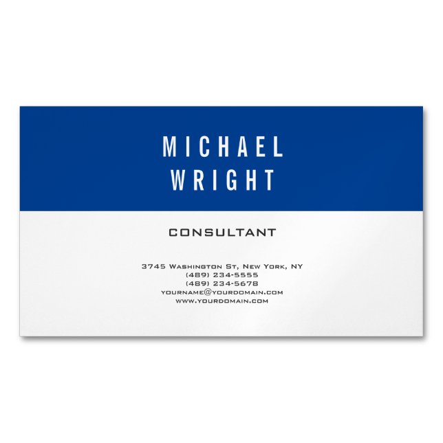 Deep Blue White Modern Plain Simple Minimalist Magnetic Business Card (Front)