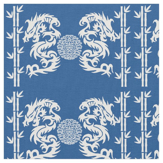 Deep Blue with Dragons and Bamboo Fabric (Close Up)