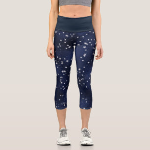Deep Blue With Silver Stars Pattern  Capri Leggings