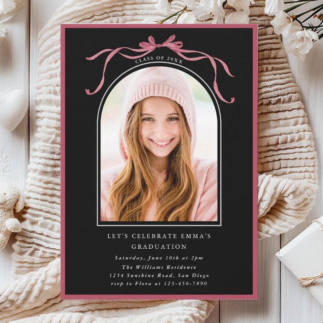 Deep Blush Bow Graduation Party Arch Photo Black Invitation (Creator Uploaded)