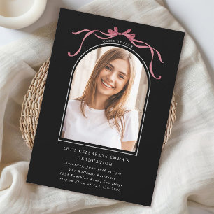Deep Blush Bow Graduation Party Arch Photo Black Invitation