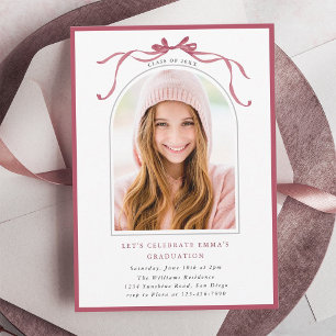 Deep Blush Bow Graduation Party Arch Photo Minimal Invitation