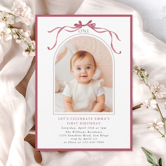 Deep Blush Pink Bow Girl 1st Birthday Arch Photo Invitation (Creator Uploaded)