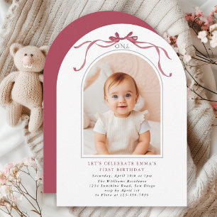 Deep Blush Pink Bow Girl 1st Birthday Arch Photo Invitation