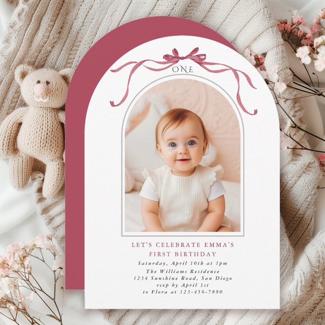 Deep Blush Pink Bow Girl 1st Birthday Arch Photo Invitation (Creator Uploaded)