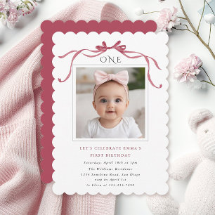 Deep Blush Pink Bow Girl 1st Birthday Party Invitation