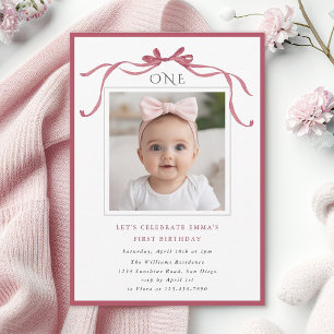 Deep Blush Pink Bow Girl 1st Birthday Party Photo Invitation
