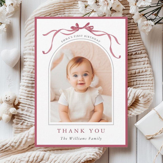 Deep Blush Pink Bow Minimal Birthday Photo  Thank You Card (Creator Uploaded)