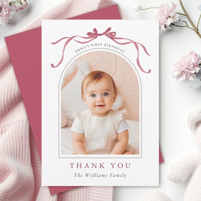Deep Blush Pink Bow Simple Birthday Photo  Thank You Card (Creator Uploaded)