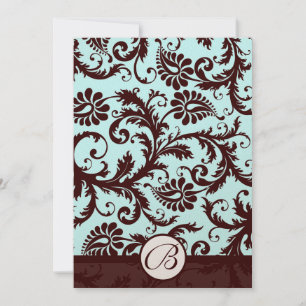 Deep Brown Damask Aqua Blue Wedding Invitation