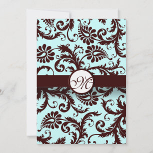 Deep Brown Damask Aqua Blue Wedding Invitation
