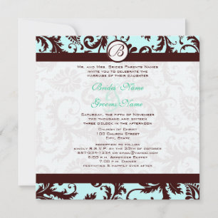 Deep Brown Damask Aqua Blue Wedding Invitation