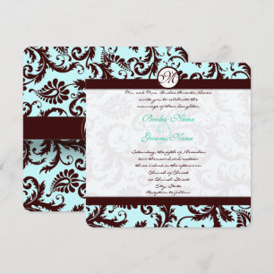 Deep Brown Damask Aqua Blue Wedding Invitation