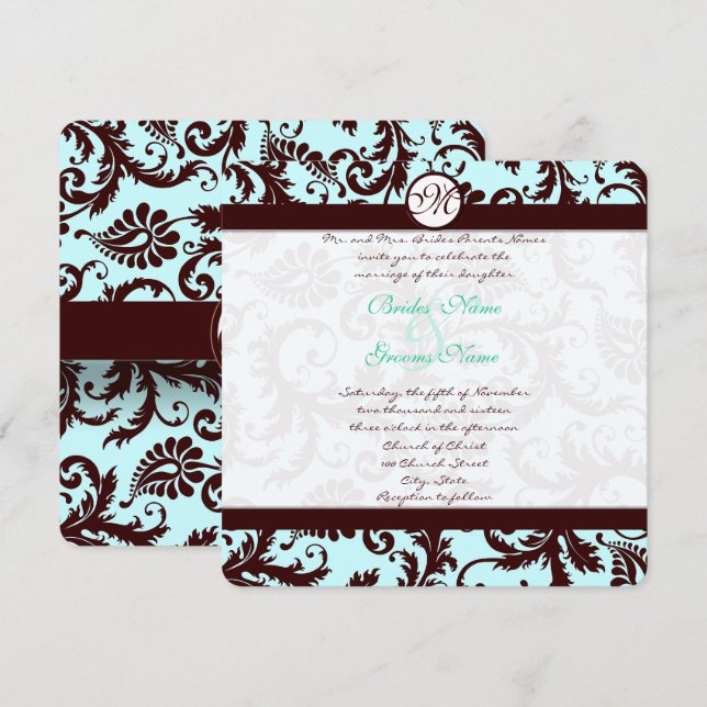 Deep Brown Damask Aqua Blue Wedding Invitation (Front/Back)