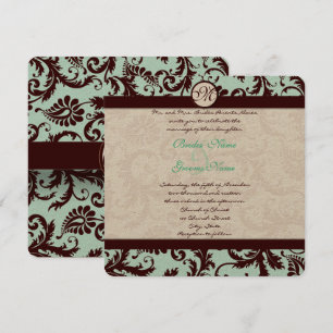 Deep Brown Damask Aqua Blue Wedding Invitation