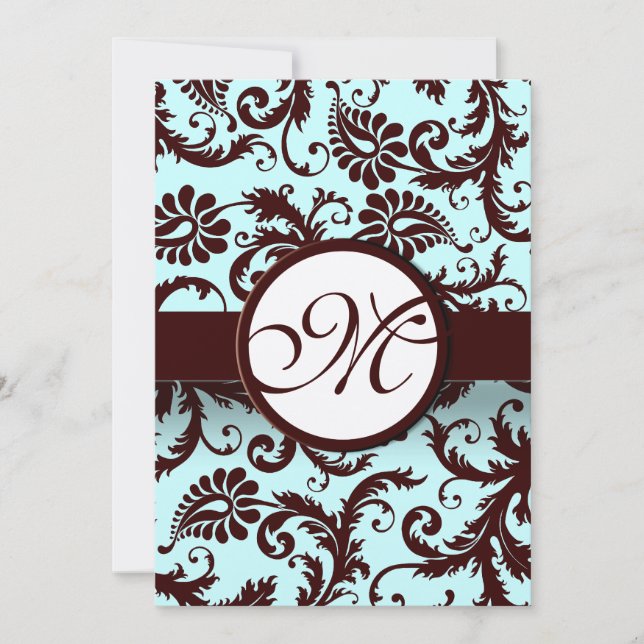 Deep Brown Damask Aqua -Larger Monogram on Back Invitation (Front)
