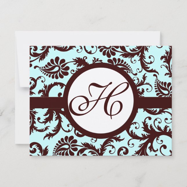 Deep Brown Damask Swirl on Light Aqua-Change Aqua RSVP Card (Front)