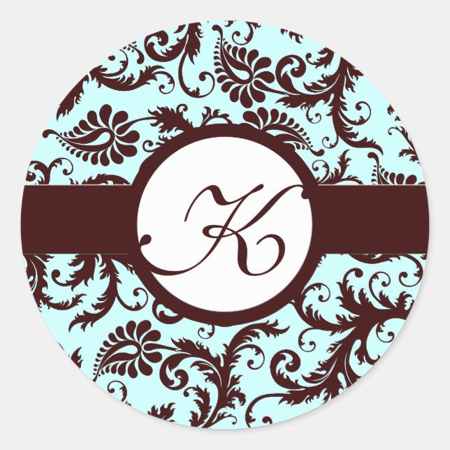Deep Brown Damask Vintage Floral Wedding Stickers (Front)
