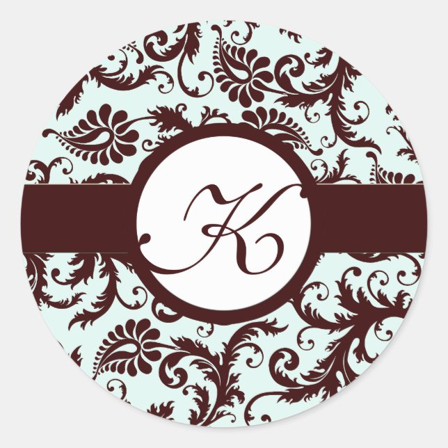 Deep Brown Damask Vintage Floral Wedding Stickers (Front)