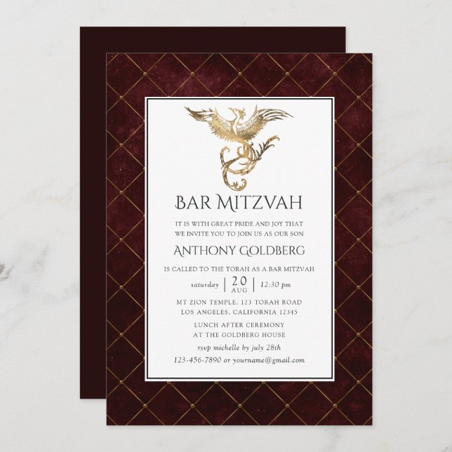 Deep Burgundy and Gold Dragon themed Bar Mitzvah Invitation (Front/Back)