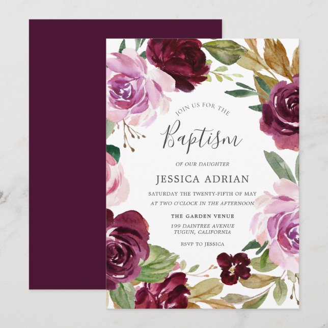 Deep Burgundy Berry & Lilac Watercolor Baptism Invitation (Front/Back)