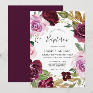 Deep Burgundy Berry & Lilac Watercolor Baptism Invitation