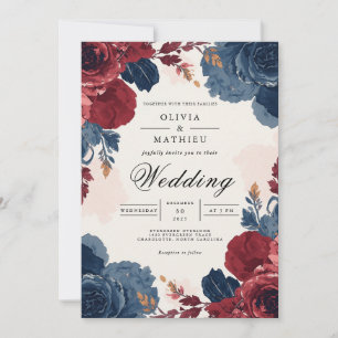 Deep Burgundy Blue Floral Arch Wedding Invitation
